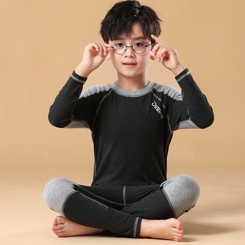 Children's double-sided velvet autumn and winter set of padded pants and shirts for boys and girls, anti-bacterial warm innerwear set for youth