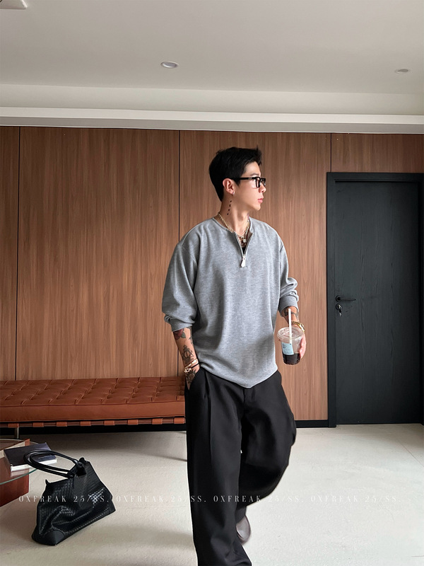 OXFREAK「混纱密歇根绒」老钱风褶皱半拉链长袖t恤男宽松内搭上衣|undefined