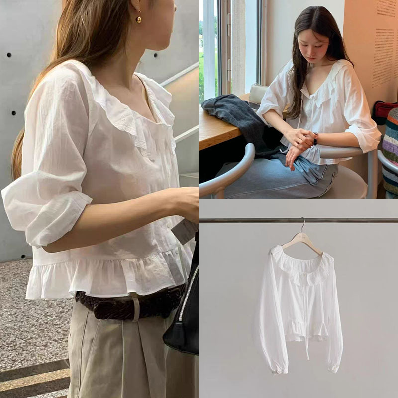 Fan Sun·Xh Korean Style Ruffled Puff Sleeve Shirt Dongdaemun New Autumn Style Gentle and Sweet Solid Color Top for Women Fan Sun·Xh Korean Style Ruffled Puff Sleeve Shirt Dongdaemun New Autumn Style Gentle and Sweet Solid Color Top for Women