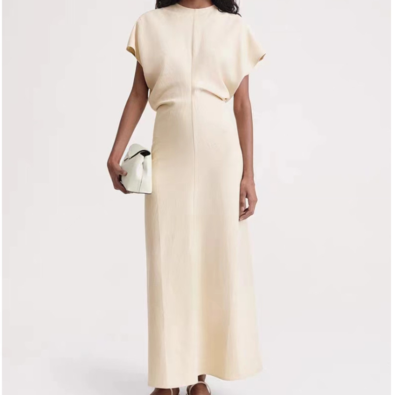 Summer High-Waisted A-Line Long Dress, Elegant and Stylish for Work, Solid Color Linen Blend, Batwing Sleeves, Elegant Style Dress for Women Summer High-Waisted A-Line Long Dress, Elegant and Stylish for Work, Solid Color Linen Blend, Batwing Sleeves, Elegant Style Dress for Women