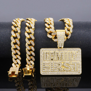 European and American Hip-Hop Diamond-Encrusted Square Letter Pendant, Long Alloy Trendy Brand Jewelry, Men's Rap Full Diamond Cuban Chain