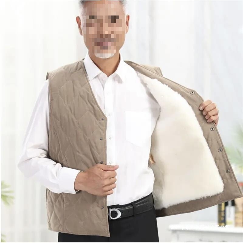 Western Region Leather Autumn and Winter Wool Vest for Men, Sheepskin Integrated Lamb Vest, Thickened Fleece Waistcoat for Middle-Aged and Elderly, Pure Wool