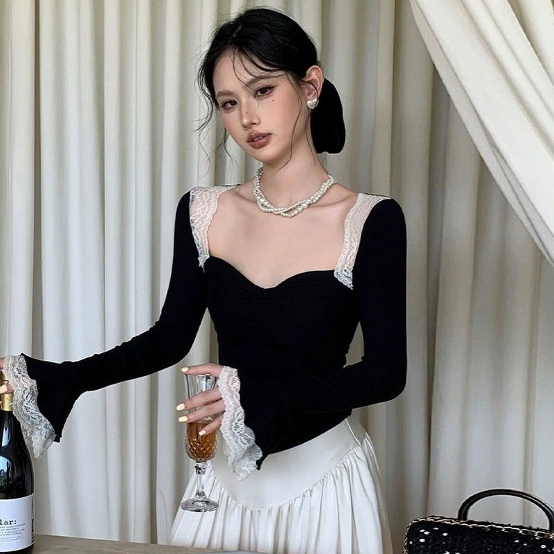 L138TP сплошной цвет кружева с длинными рукавами французская элегантная тонкая футболка с короткими рукавами из листьев лотоса 2024 осенний топ