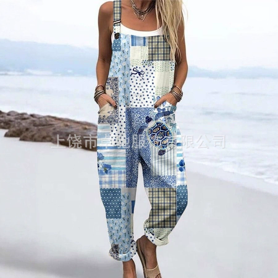 2025 новая женская одежда для трансграничных продаж Amazon, европейские и американские летние цифровые 3D-печатные подтяжки на пуговицах, повседневные брюки, подтяжки