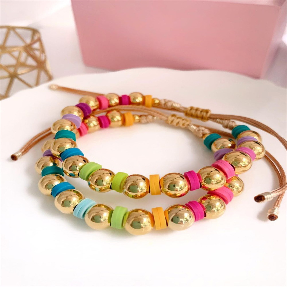 16g Weight 0.03µm Gold Plating Thickness Electroplating Gold Plating Process 18K Real Gold Plated Plating Material Bracelets Classification 1 Piece Fashion Multicolor Soft Clay Metal Beaded Knitting Women's Bracelets