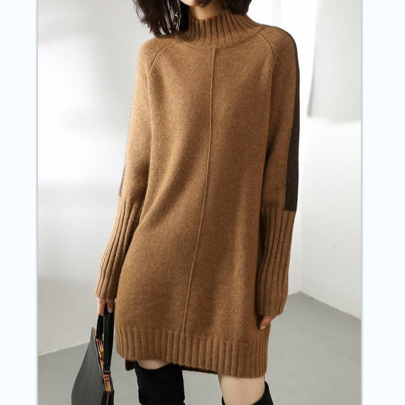 Autumn New Half-high Collar Colorblock dress Sweater Women's Mid-length Top Loose plus size Knitted Skirt Outer Wear