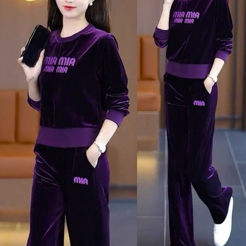 金丝绒春秋季新款休闲运动套装女高档洋气显瘦阔腿两件套运动服|undefined