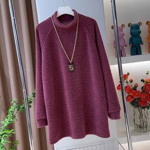 plus size Thickened Round Neck Half High Neck Sweat Women's 2025 Spring Mid-length Loose Warm fleece-lined Base Top