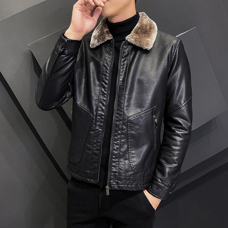Men's Clothing leather jacket plus velvet thickened autumn and winter jacket leather jacket handsome casual versatile lapel leather jacket_voghion.com