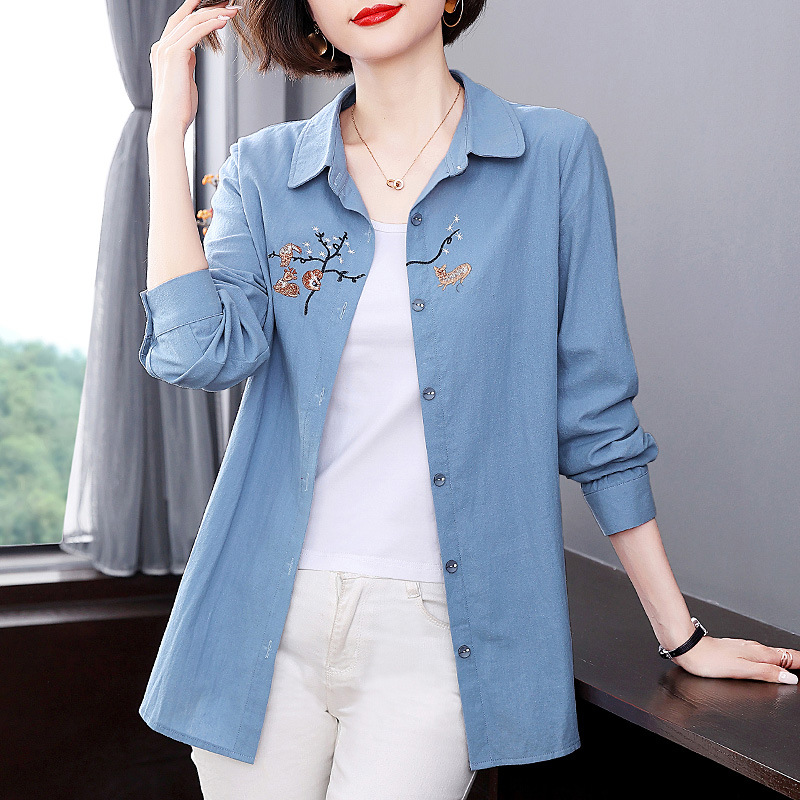 衬衫女装2024春秋季新款妈妈洋气长袖上衣大码中长款衬衣外套潮