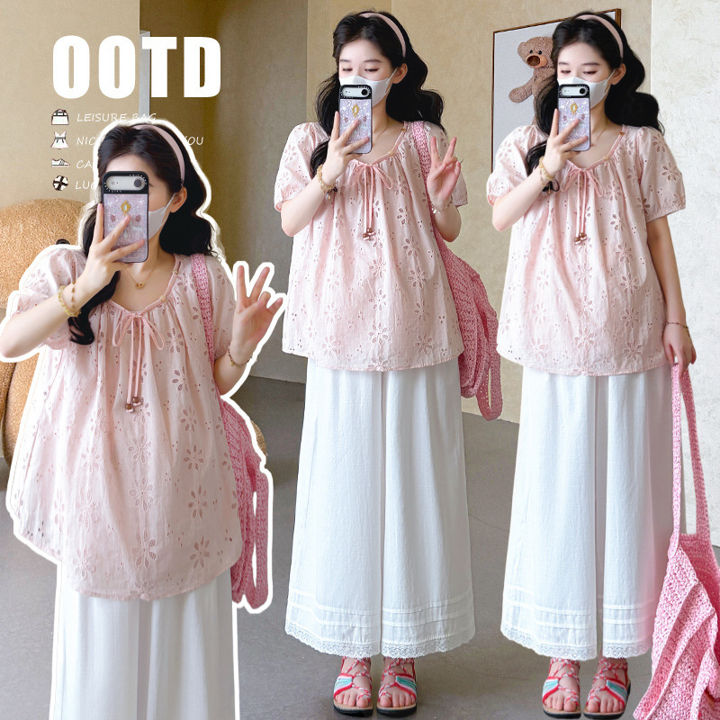 Maternity Wear 2026 Summer New Style Petite Trendy Mom Korean Style Gentle Age-Reducing Hollow-Out Top and Wide-Leg Pants Set Maternity Wear 2026 Summer New Style Petite Trendy Mom Korean Style Gentle Age-Reducing Hollow-Out Top and Wide-Leg Pants Set