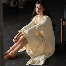 睡衣女春秋季拉架纯棉长袖睡裙吊带薄款性感纯欲带胸垫睡袍两件套