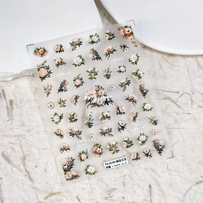 TENSOR Japonés 5D flor etiqueta engomada del clavo pro esmerilado Delgado pegamento trasero transparente Delgado resistente pegatina TS-3148 flor pura