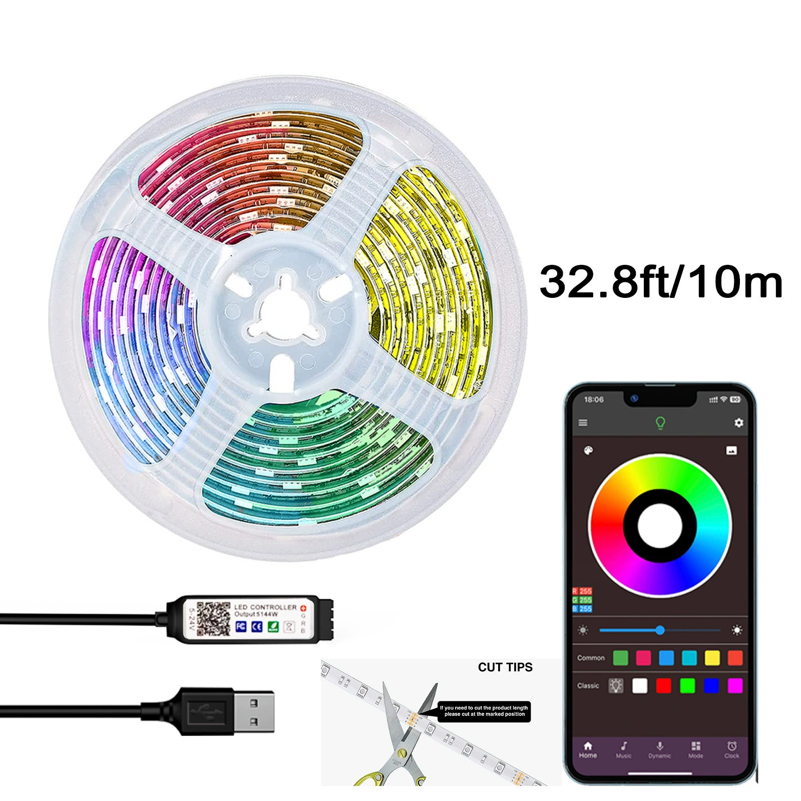 Накладная светодиодная лента RGB 5050 5В, многоцветная с регулируемой яркостью, управление Bluetooth/инфракрасное