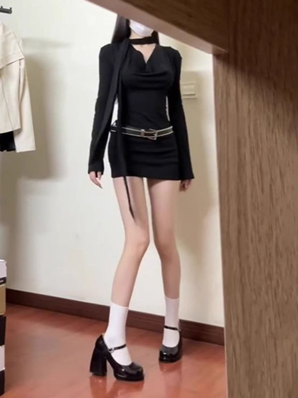 2025新款美式辣妹风荡领连衣裙女装夏季御姐风长袖黑色包臀短裙子|undefined