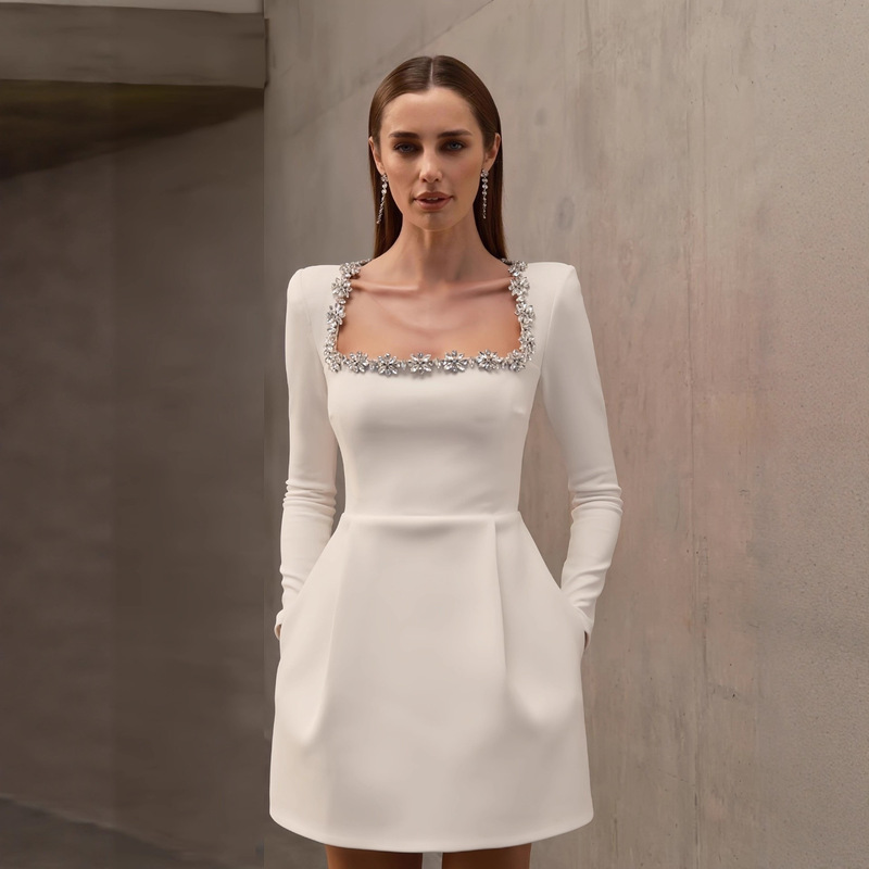 25 European and American Cross-Border Autumn and Winter Women's Clothing, Elegant Square-Neck Heavy-Duty Rhinestone-Embellished Short Velvet Long-Sleeve Dress