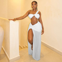 欧美风外贸新款女装纯色度假休闲设计裙套装露脐包臀裹胸两件套潮