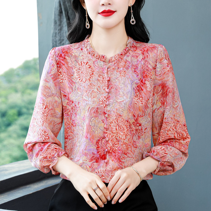 2025秋季新款长袖烫金印花桑蚕丝雪纺衬衫气质大码洋气女装批发|undefined