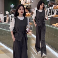 时尚气质套装女2025秋季新款洋气外贸显瘦马甲衬衫阔腿裤三件套潮