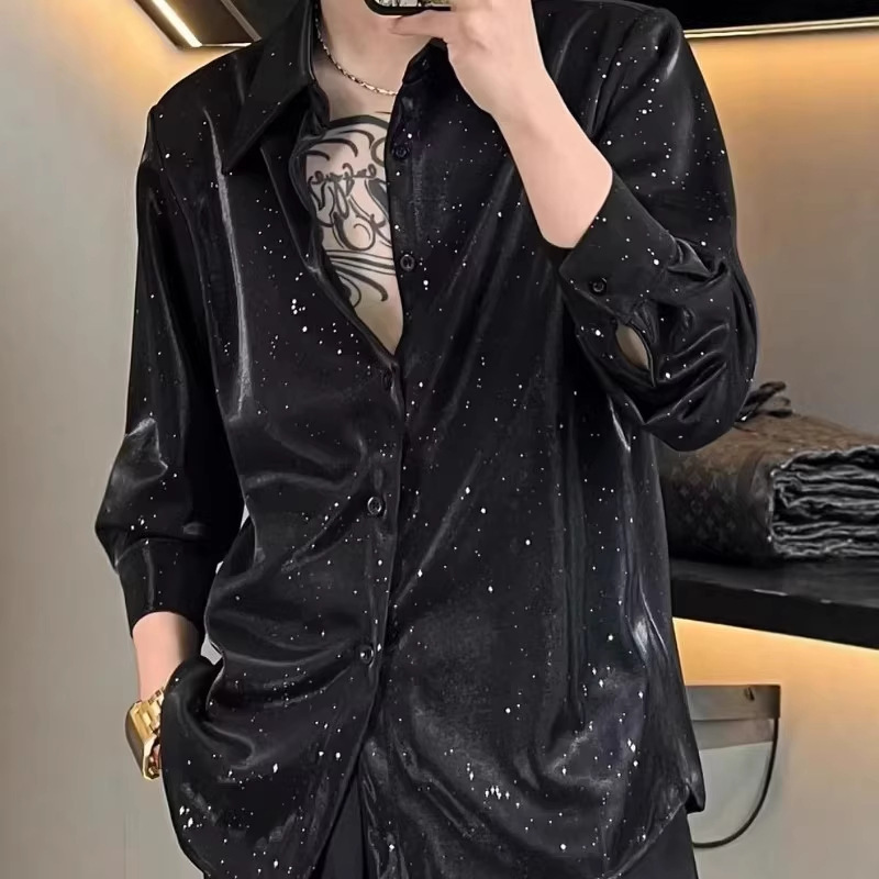 Hong Kong Style Retro Sequin Starry Sky Long-Sleeve Shirt Men's Trendy Brand Cool Loose Versatile Casual Shirt Jacket Trendy Hong Kong Style Retro Sequin Starry Sky Long-Sleeve Shirt Men's Trendy Brand Cool Loose Versatile Casual Shirt Jacket Trendy