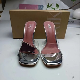 ZA2024 new fashion transparent square heel high heel net red square head slippers back empty Joker fairy shoes summer