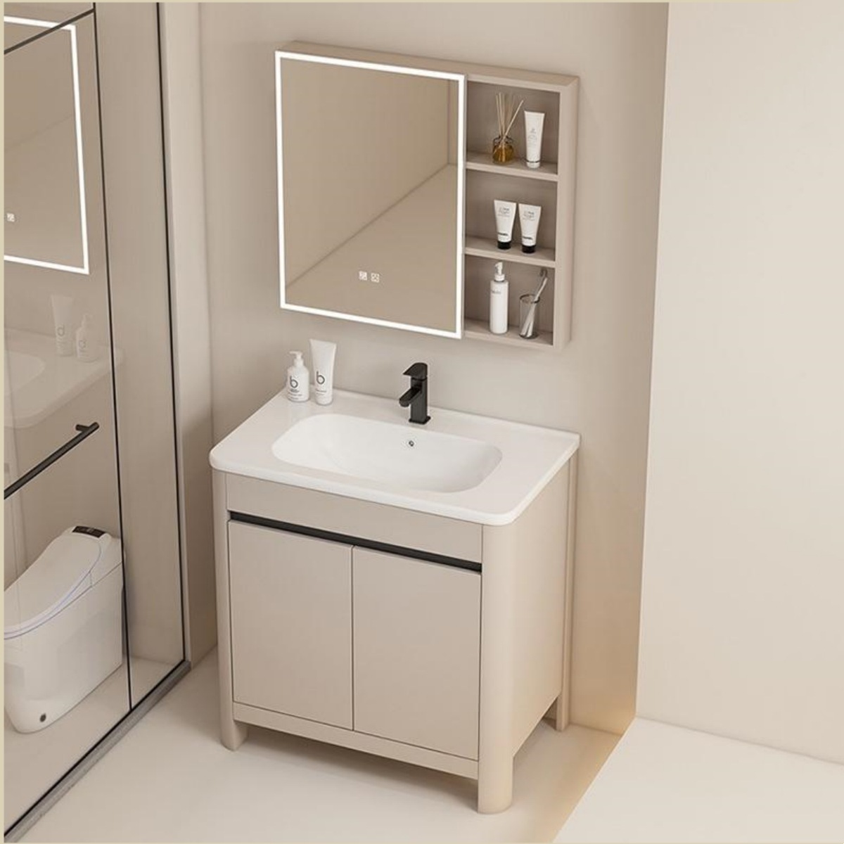 Baño de aire crema gabinete de baño de aluminio espacio combinado cerámica todo en un lavabo tipo piso lavabo gabinete lavabo