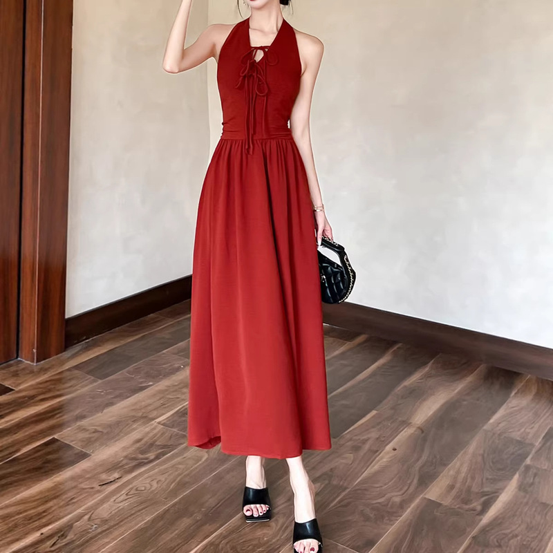 [Summer Muse] Red Hong Kong-Style Retro Halter Neck Backless Dress, Summer French-Style Sleeveless Long Dress