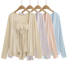 7629-25款韩版修身款纯欲风辣妹褶皱抹胸+长袖开衫外套套装