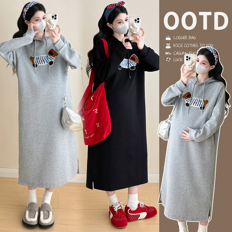 2025 New Autum Fashion Patch Embroidered Fur Is Simple and Versatile Hooded Mid-Length Long Sweatshirt Dress