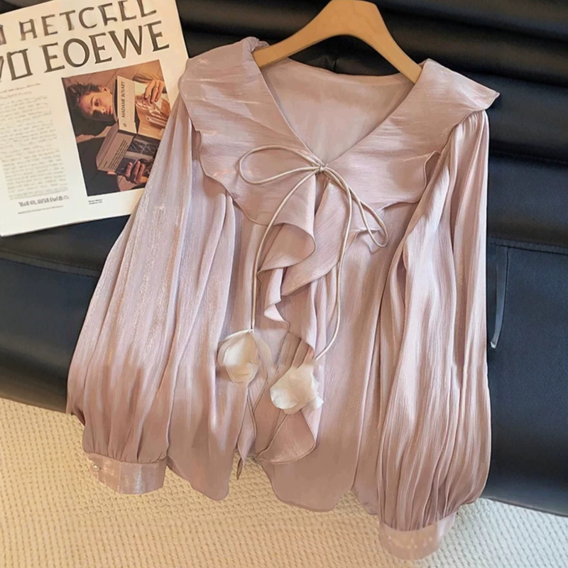 French High-End Ruffled Long-Sleeved Large-Size Shirt for Women, New Spring Style Loose Slimming Look Top A6412 French High-End Ruffled Long-Sleeved Large-Size Shirt for Women, New Spring Style Loose Slimming Look Top A6412