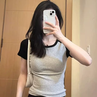 夏季2026新款设计感短袖女复古撞色正肩t恤纯棉修身显瘦短款上衣