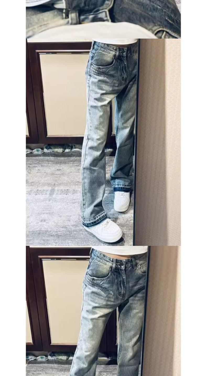 Teen Washed Denim Jeans American Style Summer Trendy Unisex High Street Loose Straight Leg Pants mid Waist Blue Long Non-Stretch_mkmklike.com