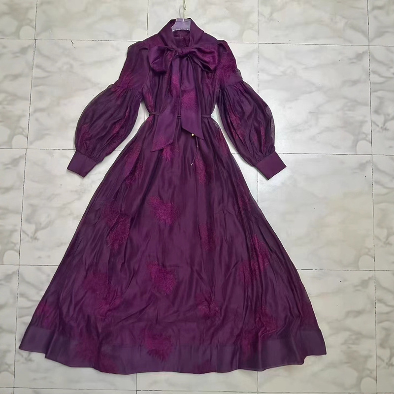 黑白撞色晚装宴会礼服裙2025秋女长袖收腰显瘦大摆绣花系带连衣裙|undefined