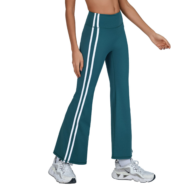 Pantalones de microyoga de cadera de melocotón de estilo europeo y americano, cintura alta, contraste de color blanco, deportes, fitness, pantalones acampanados de secado rápido de alta elasticidad