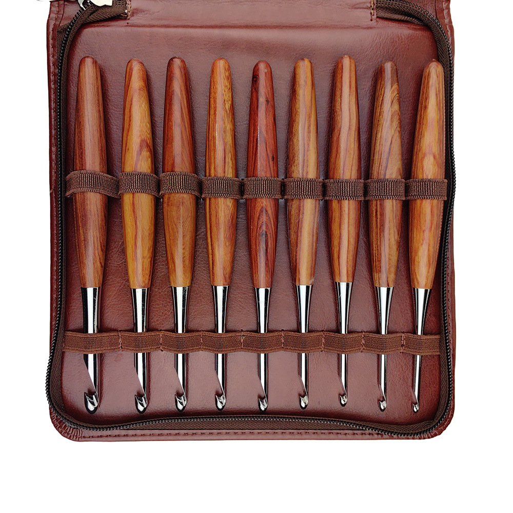 Herramienta de tejido transfronterizo, ganchillo de galvanoplastia manual, mango de sándalo rojo, ganchillo de aluminio, 9 juegos, paquete de PU para principiantes 17.8CM