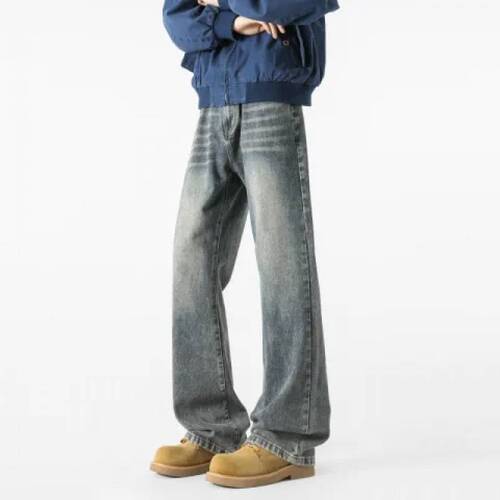 American retro washed and used jeans, men's spring and autumn fashion brand design, niche loose straight, wide-leg long pants