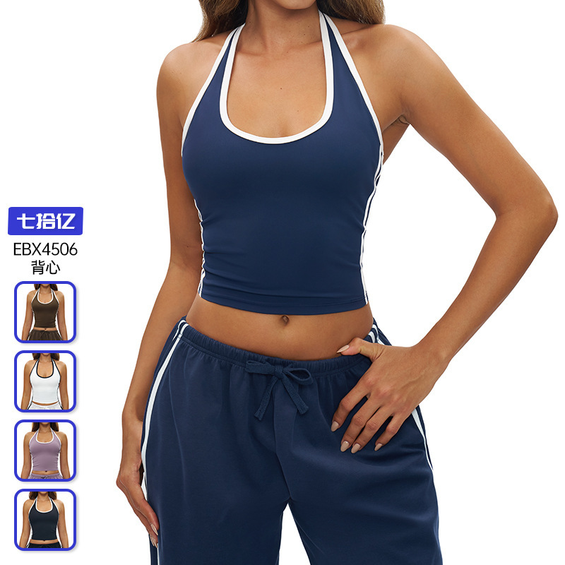 Cross-Border Halter Neck Beautiful Back Yoga Vest Contrasting Color Hemming Tight Yoga Top Outdoor Fitness Sports Bra 4506