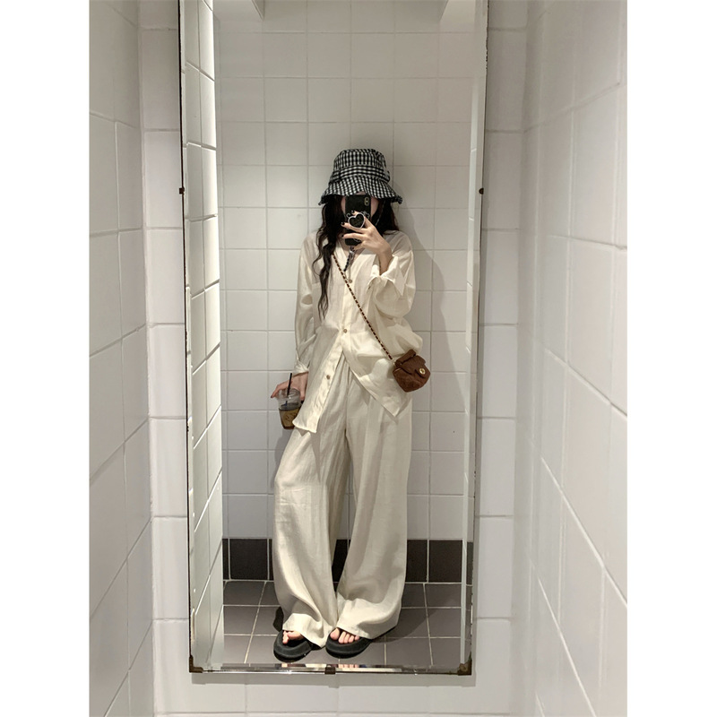 慵懒风套装领长袖衬衫上衣女年春秋季高腰休闲裤长裤两件套|undefined
