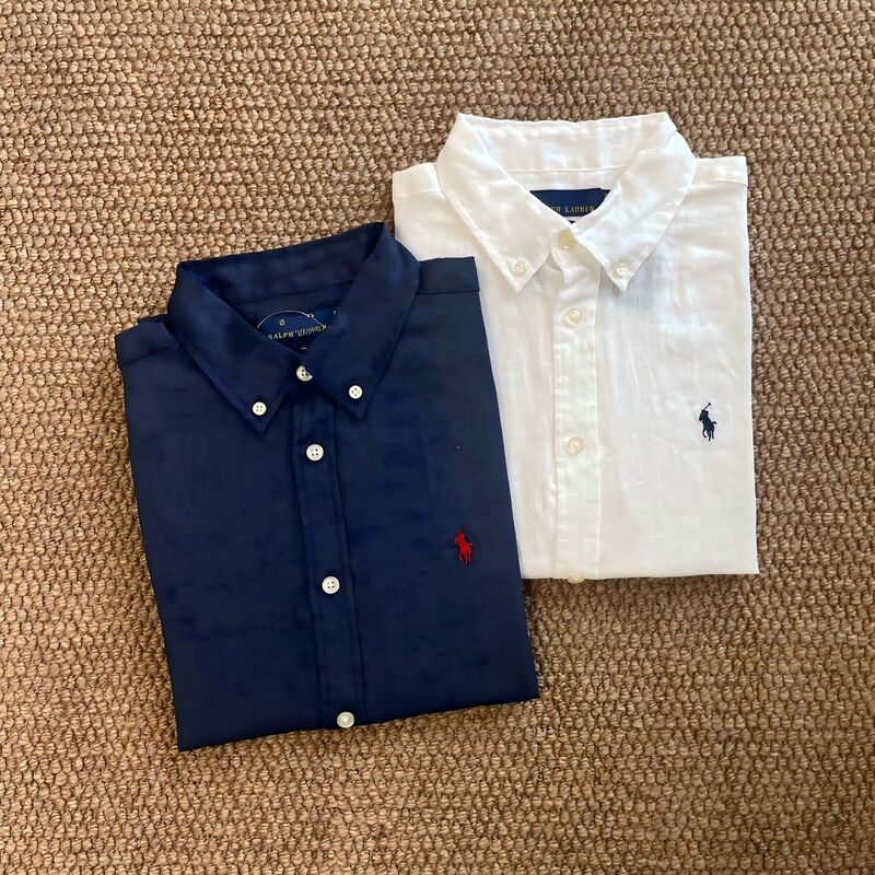 High-End Rl Ralph Linen Shirt Top, Unisex, with a Turn-Down Collar and Small Pony Logo, Versatile Casual Wear for Spring, Summer, and Autumn Polo