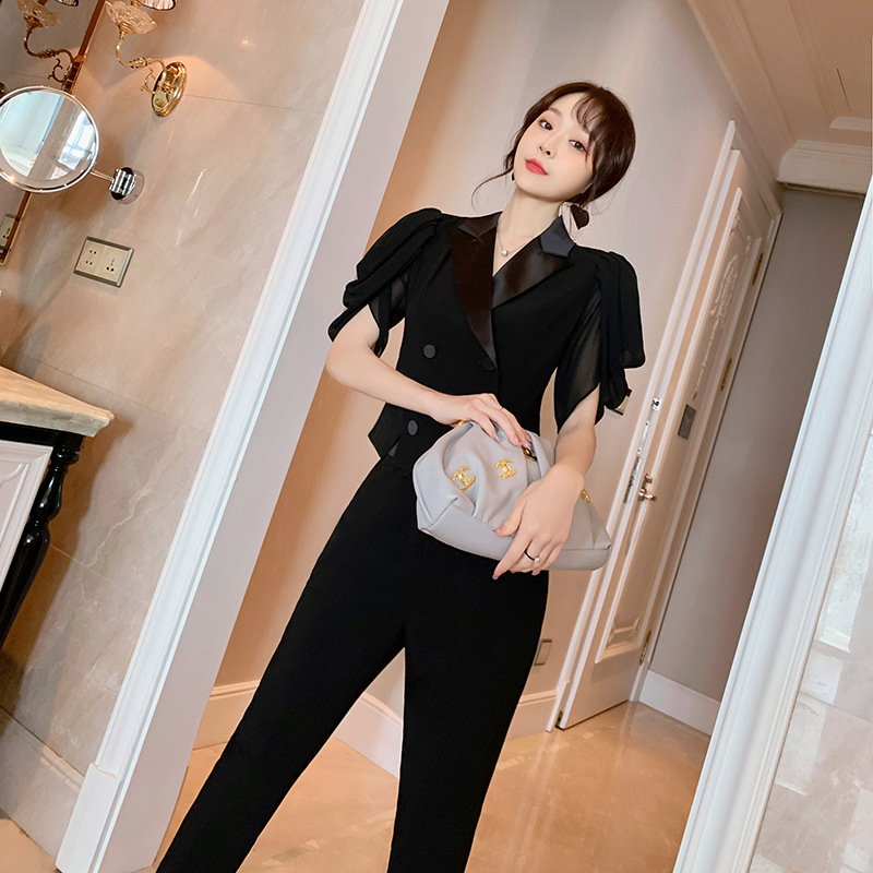 Bộ trang phục nữ thần thon eo, phong cách thanh lịch trưởng thành, quần áo hai mảnh công sở mùa hè — Màu đen