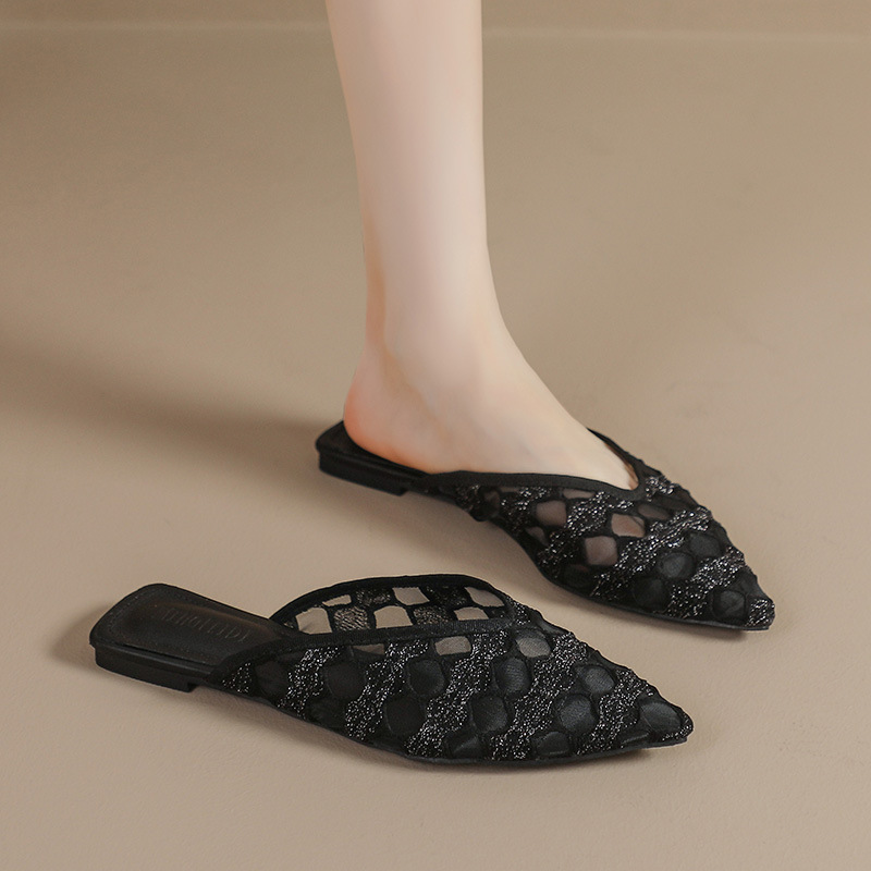 Zapatillas de mujer de verano red punta zapatillas de mujer 2024 nuevo hueco tela fresca zapatillas de mujer con cabeza plana media zapatillas