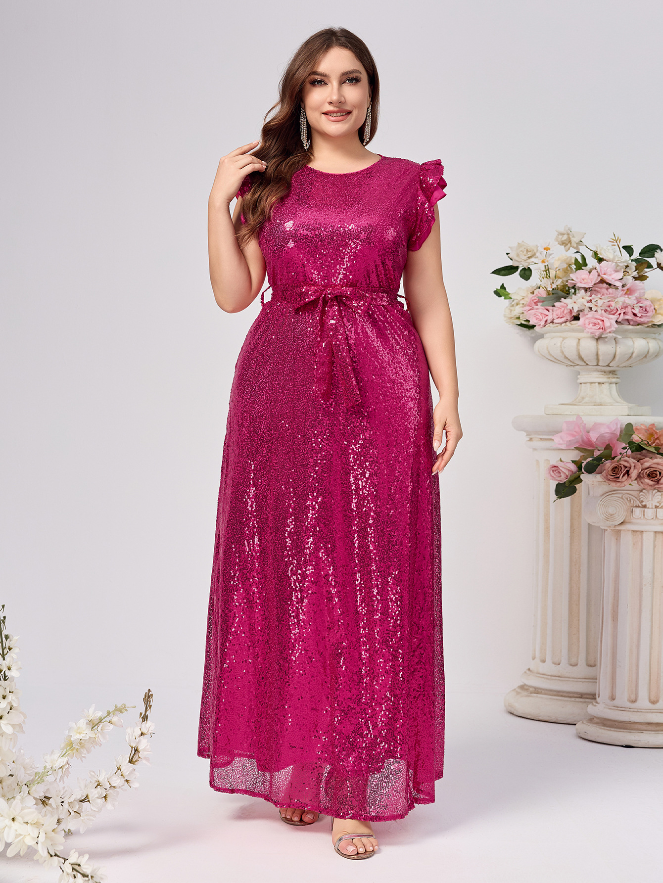 Ropa de mujer de talla grande comercio exterior nueva ropa de mujer vestido de lentejuelas sin mangas cinturón cuello redondo falda media vestido sexy fiesta