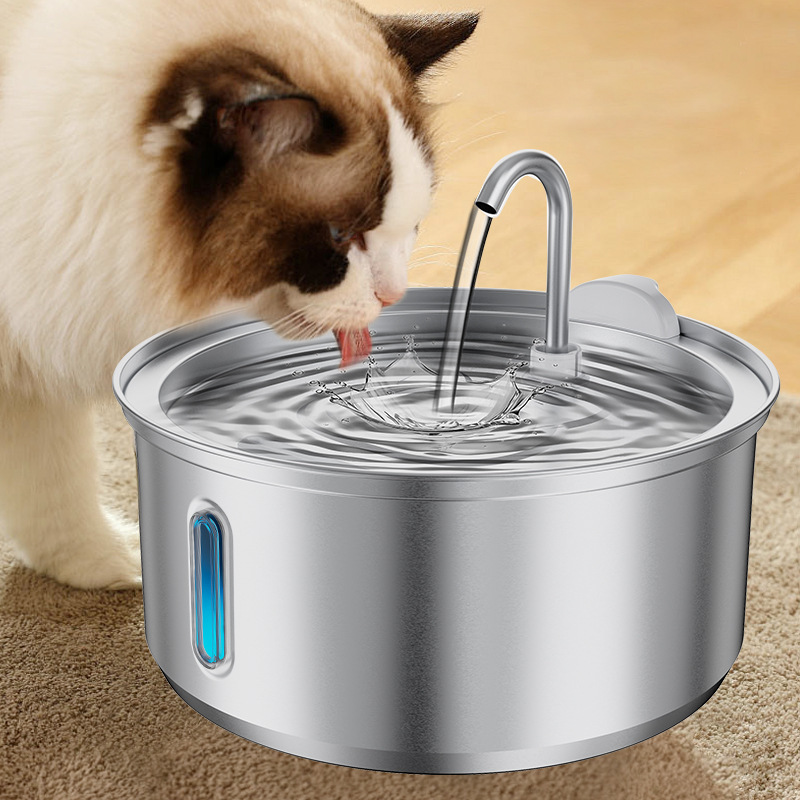 Dispensador de agua para mascotas de acero inoxidable 4L explosivo transfronterizo Dispensador de agua para perros y gatos LED de gran capacidad con ventana redonda
