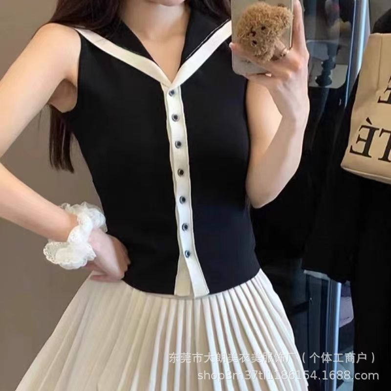 Summer New Design Navy Collar Ice Silk Vest Knitwear Feminine Slim Fit Versatile Sleeveless Top Thin Style