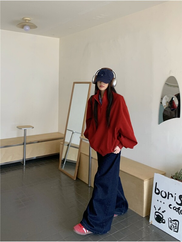 Casual Red Stand-Collar Sweatshirt for Women, Autumn 2025 New Style, Loose Fit, Thickened, Slimming, Versatile Pullover Top
