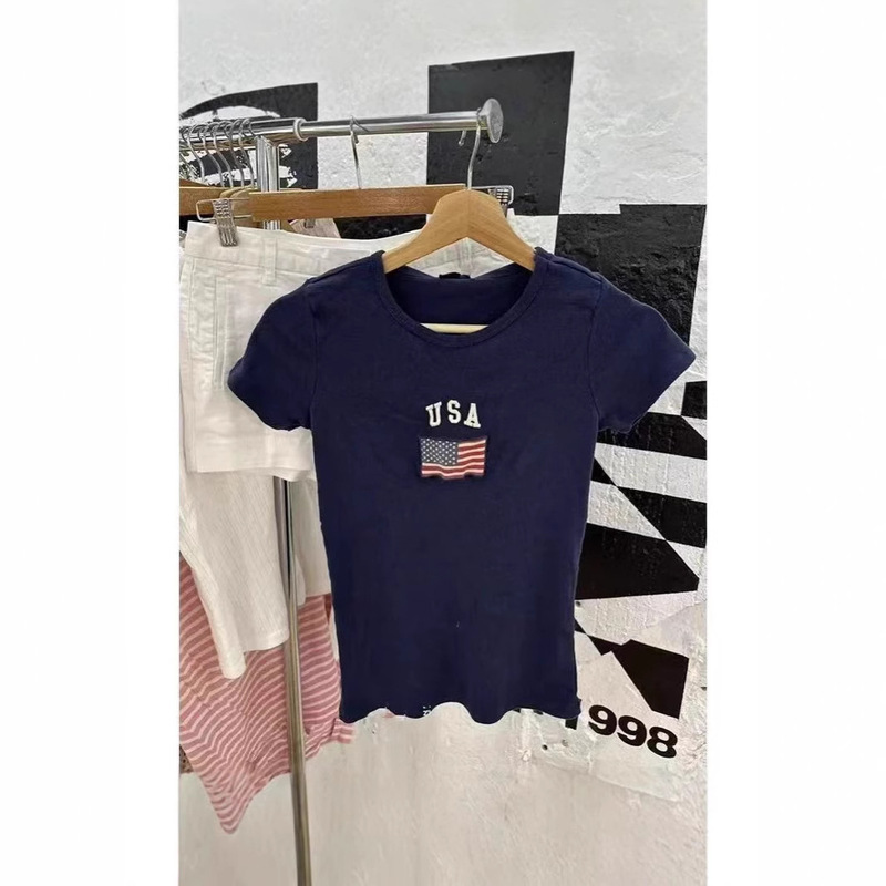 Bm Style New American Round Neck National Flag Usa Letter Embroidered Short-Sleeved T-Shirt Women's Bm Slim Slim Versatile Top Summer
