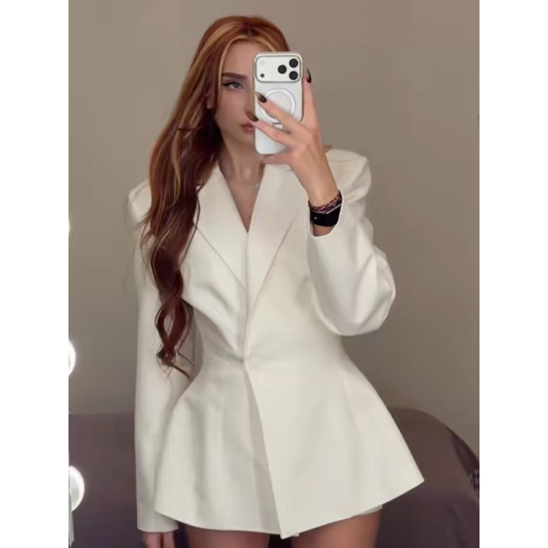 Blazer Ajustado con Cintura para Mujer de Poliéster Cuello de Traje