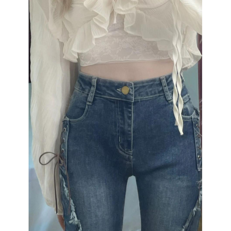 빈티지 스플릿 래그 스트랩 청바지 여성용 봄과 가을 슬림 핏 스트레치 높은 허리 슬리밍 마이크로 플레어 바지