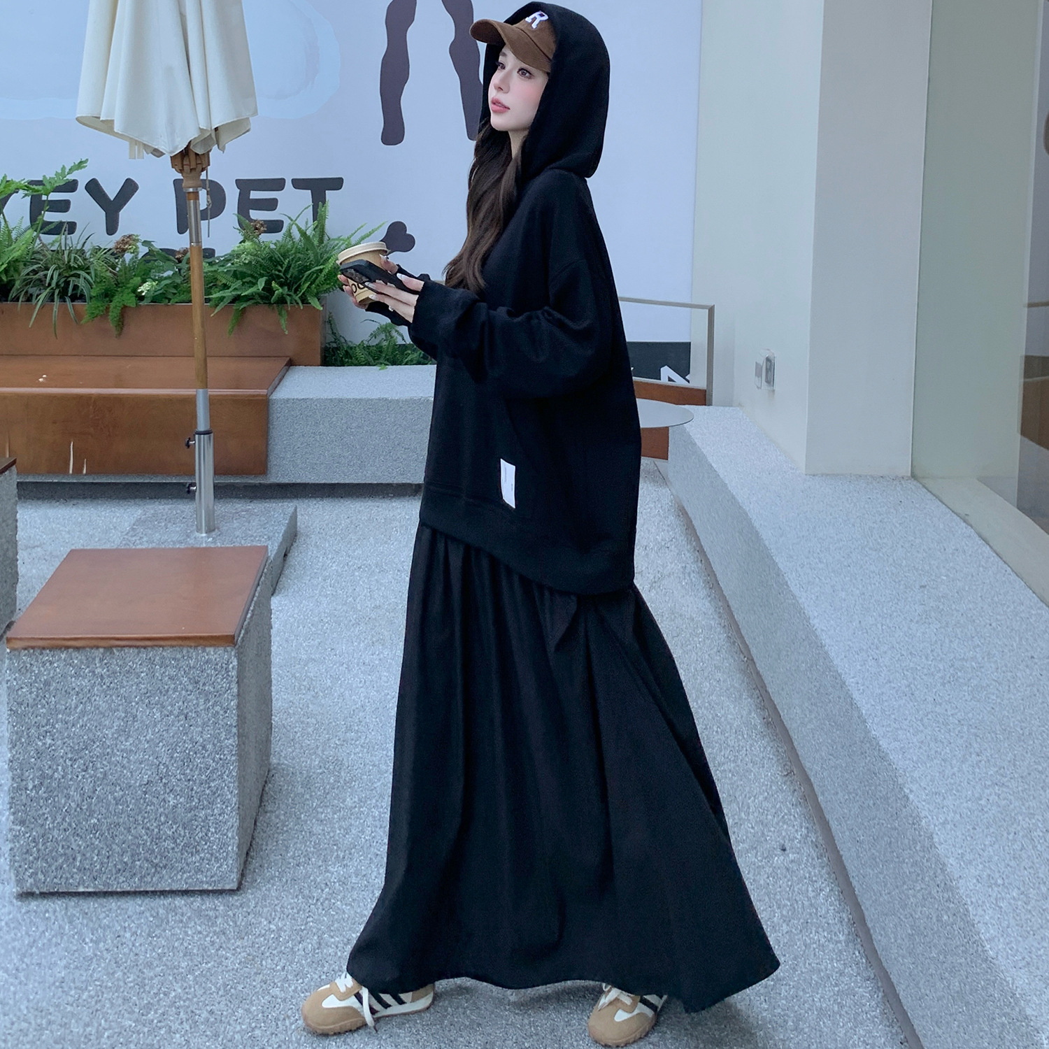 60391#实拍新款 贴标磨破袖口宽松连衣裙毛圈卫衣拼接长款连衣裙