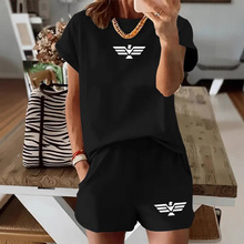2025夏季新款欧洲站女士圆领短袖T恤潮牌短裤套装 A771+A77印花